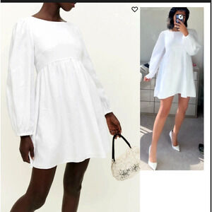 Reformation XL Ramone Babydoll 100% Linen Mini Dress Long Sleeve Fit&Flare White